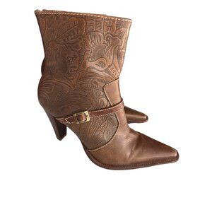 Worthington Brown Embossed Leather Boots Pointed Toe Zip Strap Buckle Size 9.5